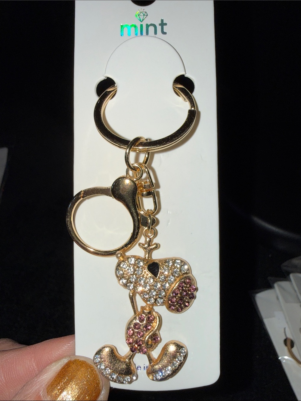 Mint gold-tone crystal dog key & card holder charm with pink accents